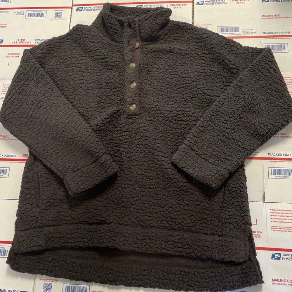 aerie Dark Brown Sherpa Button-Front Pullover Turtleneck